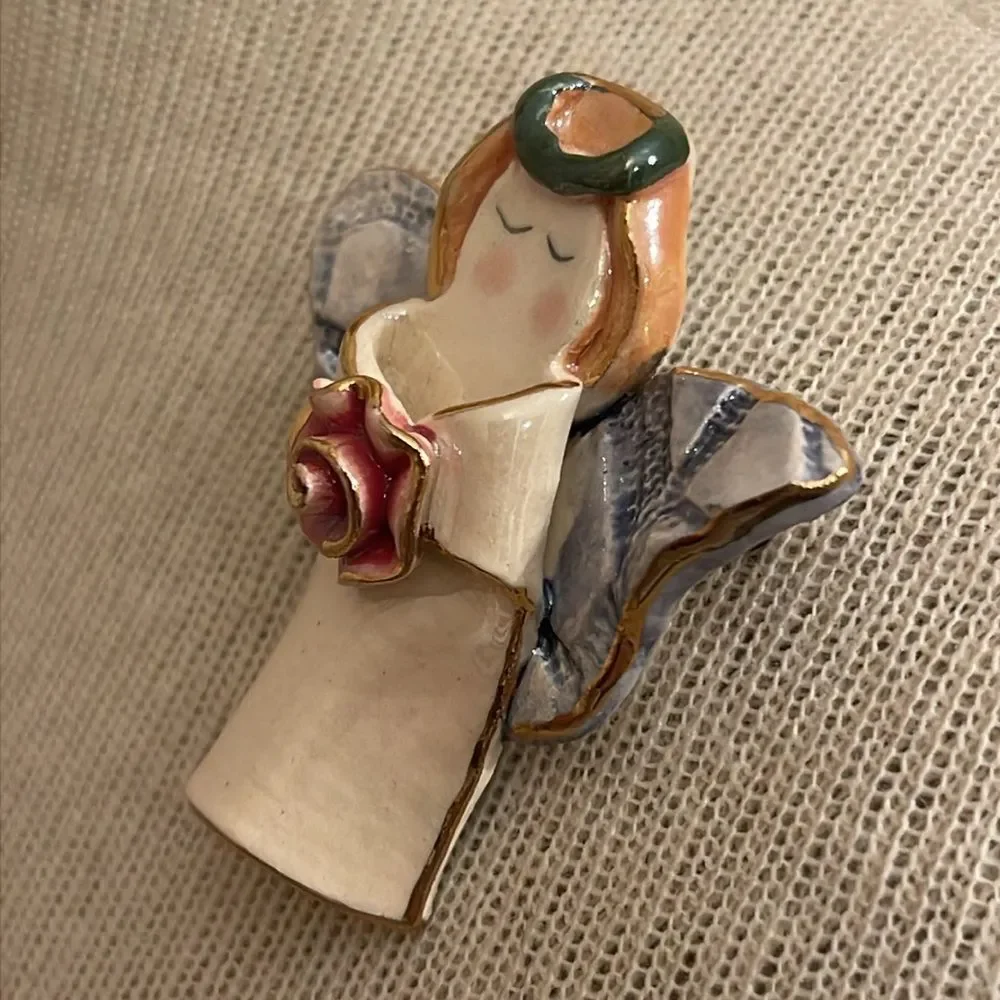 Vintage Ceramic Lusterware Angel with Rose Brooch Lapel Pin